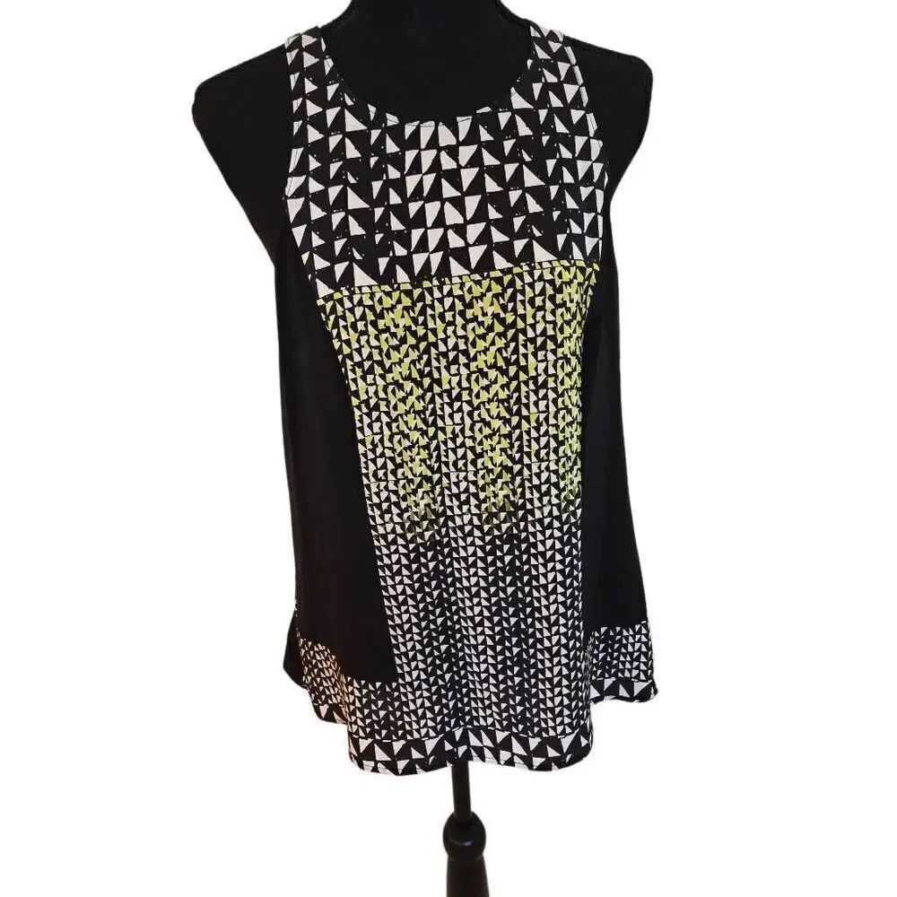 Charlie Jade Women's Geometric Shape Silk Tank Blouse Black White Green Large